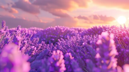 Fototapeta premium Lavender Field At Sunset, With Hues Of Purple And Pink Coloring The Sky, High Quality