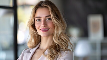 Fototapeta premium businesswoman in a studio setting, exuding confidence and happiness with her professional demeanor and cheerful smile. 