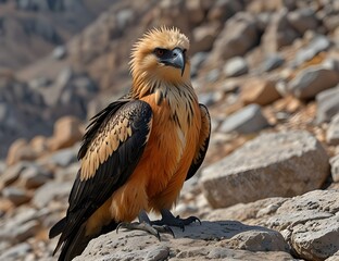 Fototapeta premium Adult bearded vulture (gypaetus barbatus) or Lammergeier sitting on the rocky. Animal in natural environment.