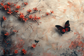 panel wall art, wall decoration, marble background with flowers and butterfly designs