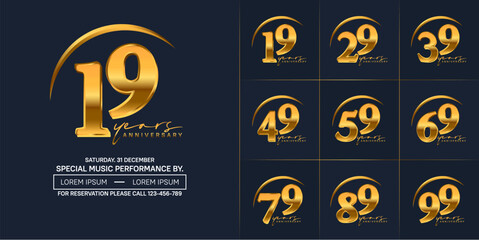 anniversary logotype set vector, golden color with swoosh for special day celebration