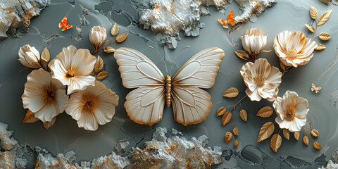 panel wall art, wall decoration, marble background with flowers and butterfly designs