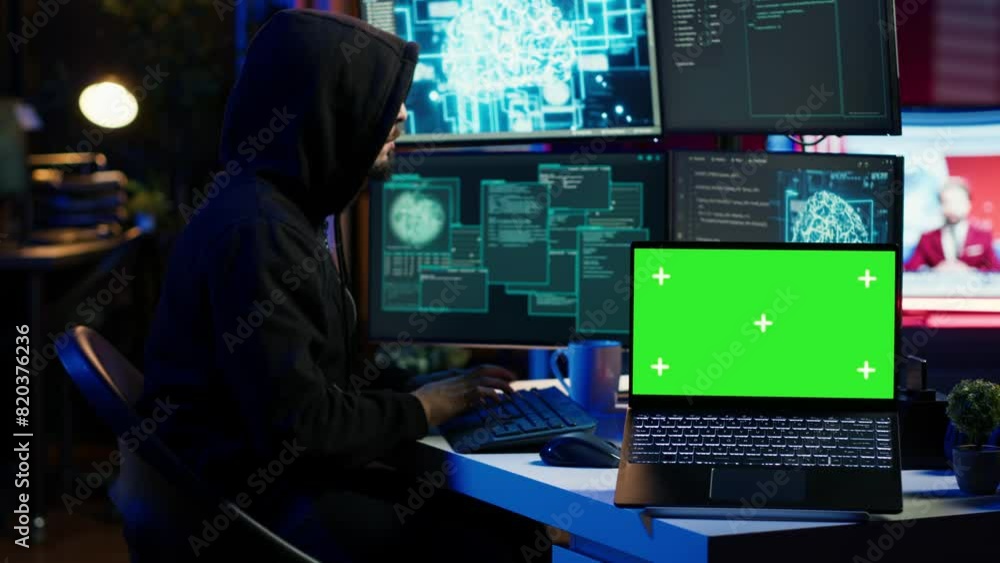 Poster isolated screen laptop used by cybercriminal in underground hideout to write lines of code and malwa