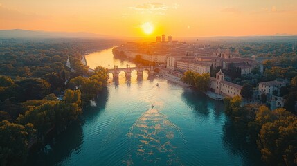 Naklejka premium Drone capture of the historic city of Avignon and the famous bridge
