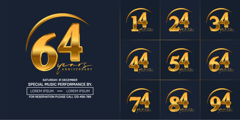 anniversary logotype set vector, golden color with swoosh for special day celebration