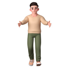 Man character with both hands open, giving a hug, 3D Character Illustration.