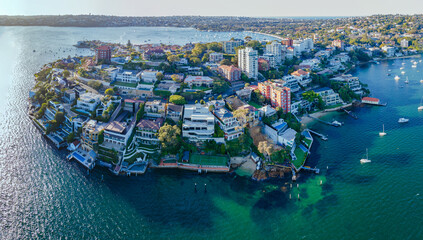 Panoramic aerial drone view of harbour side suburb of Point Piper in East Sydney, NSW, Australia on...