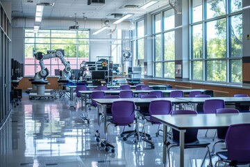 Empty, brightly lit modern high school classroom with purple chairs and white desks in the center of the frame.