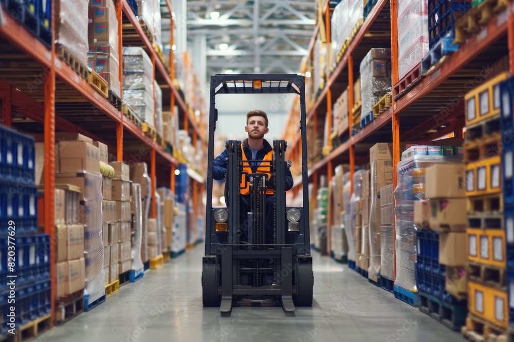 Poster smart warehouse worker or operator driving forklift and lifted product surrounded with box at storag