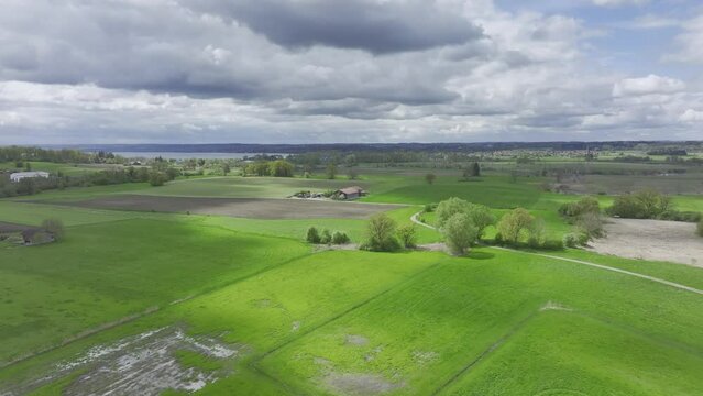 Agriculture land, behind Lake Ammer and motorway A96, drone image, Inning am Lake Ammer, Bavaria, Germany, Europe