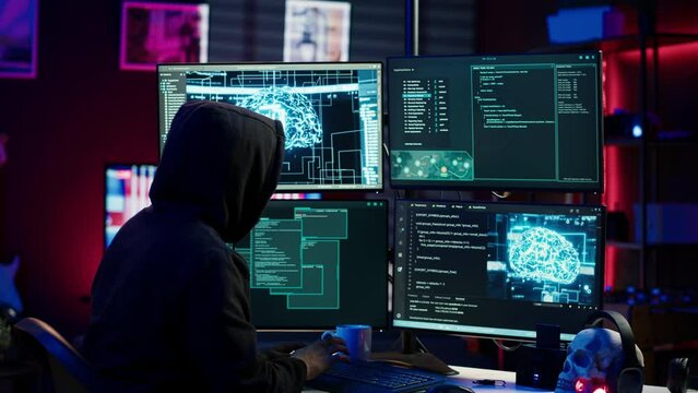 Hacker running artificial intelligence spyware software designed to gather information from users computers without their knowledge. Scammer commits fraud using AI, camera A