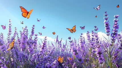 A field of lavender in full bloom, with butterflies and bees buzzing around, under a clear blue sky