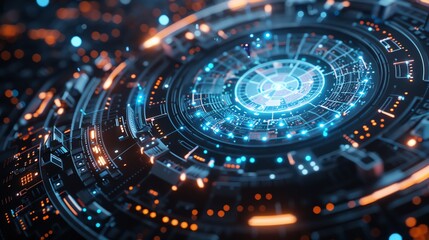 A futuristic holographic interface with rotating elements, displaying real-time data and analytics