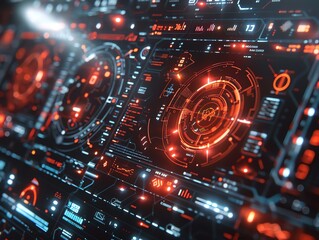 A futuristic HUD interface, elements sliding and rotating, displaying complex data