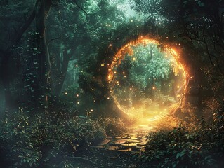 Obraz premium A mystical portal in an enchanted forest, glowing with ethereal light and surrounded by magical creatures