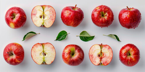 Red apple apples, many angles and view side top sliced halved 