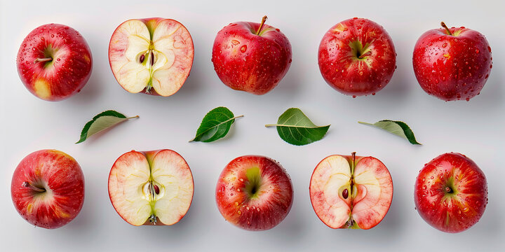 Red apple apples, many angles and view side top sliced halved 