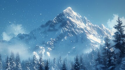 A snowy mountain peak with evergreen trees below, a clear blue sky above, and a sense of serene isolation