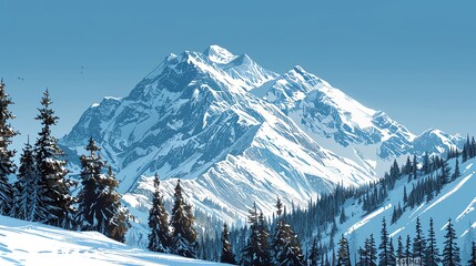 A snowy mountain peak with evergreen trees below, a clear blue sky above, and a sense of serene isolation