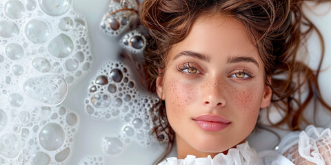 Fashion commercial advertisement. Radiant natural skin woman lying in foam bubbles 