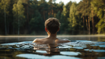 a man swim into the forest lake