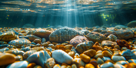 Pebbles in shallow water with sunlight
