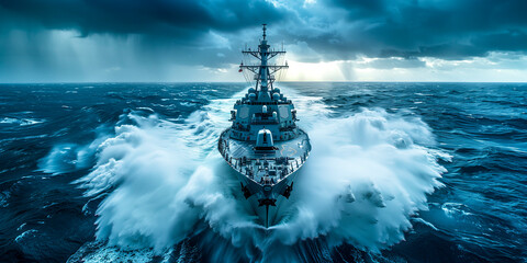Modern battleship on stormy seas

