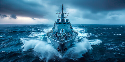Modern battleship on stormy seas
