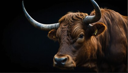 bull close up portrait on plain black background from Generative AI