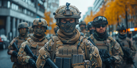 Fototapeta premium Soldiers on street patrol in full combat gear
