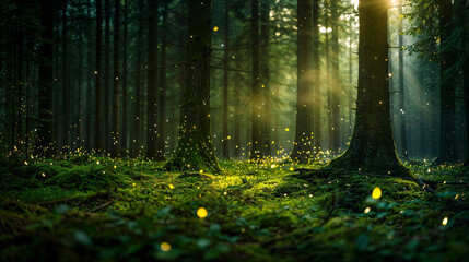Sunlit forest with glowing fireflies among tall trees