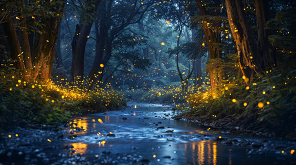 Forest stream illuminated by fireflies at dusk