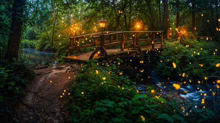 Forest bridge with glowing fireflies at twilight