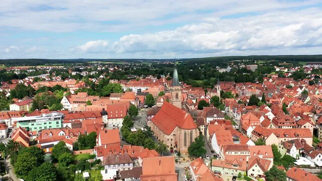 Aerial view of the historic old town of Schwabach with a view of the town church of St John and St Martin. Schwabach, Middle Franconia, Bavaria, Germany, Europe