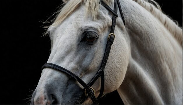 white horse close up portrait on plain black background from Generative AI - Powered by Adobe