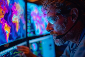 Fototapeta premium A dedicated analyst with headset and glasses intensely monitors global data trends on multiple colorful screens.
