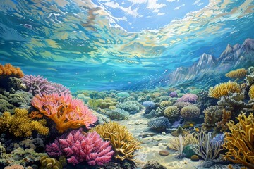 A stunning underwater scene showcasing a vibrant coral reef teeming with colorful corals and marine life under clear blue water.