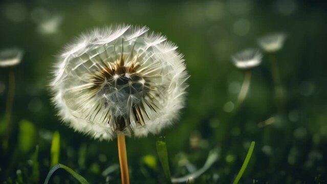 Dandelion in a meadow on a dark green background, motion