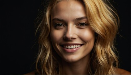 smiling gold haired model woman close up portrait on plain black background from Generative AI