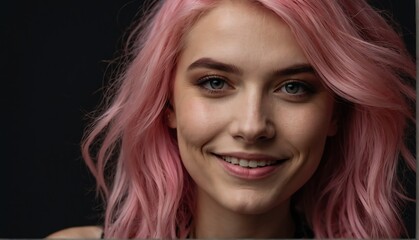 Fototapeta premium smiling pink haired model woman close up portrait on plain black background from Generative AI