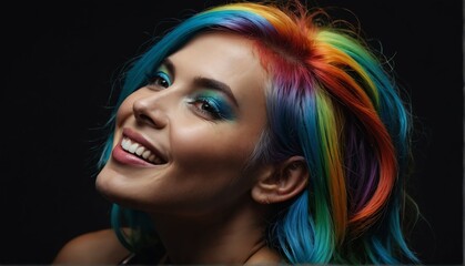 Naklejka premium smiling rainbow haired model woman close up portrait o on plain black background from Generative AI