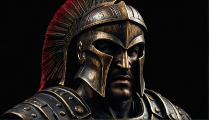 spartan warrior statue close up portrait on plain black background from Generative AI