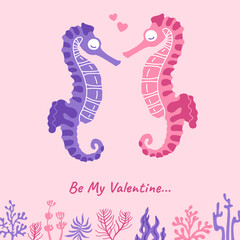 St. Valentines Day greeting card with sea horse. Ocean animal couple of seahorses funny flat cartoon valentine design. Comic cute drawing postcard. Marine animal hand drawn art vector illustration