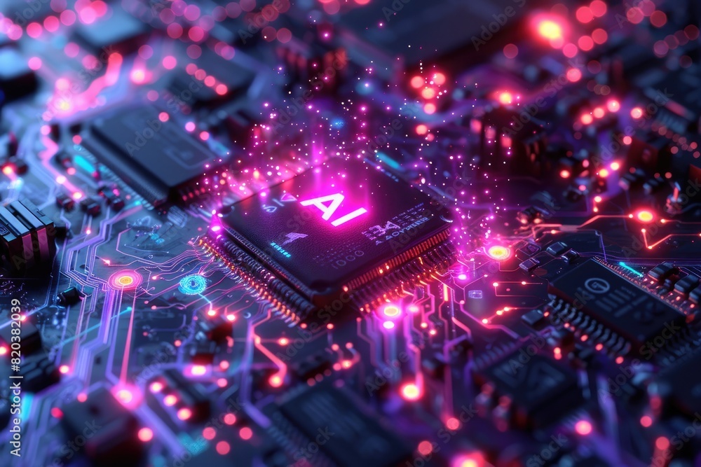 Poster artificial intelligence (ai) concept, abstract ai processor and quantum computer background.