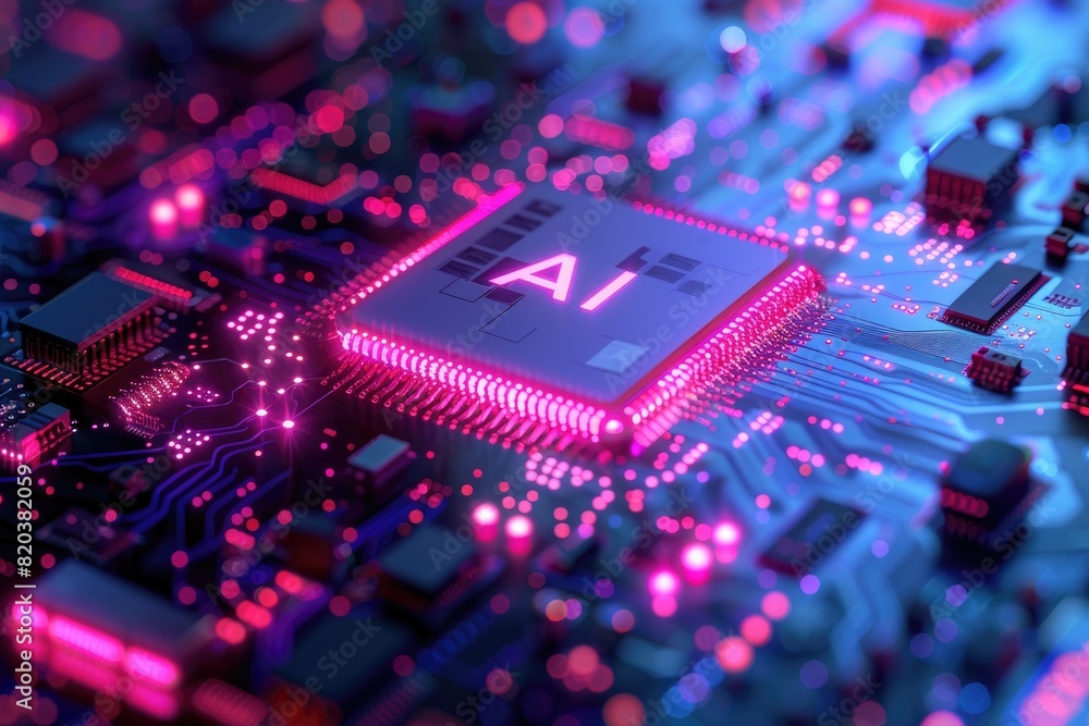 Poster artificial intelligence (ai) concept, abstract ai processor and quantum computer background.