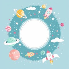 A colorful space scene with planets, stars, and rockets