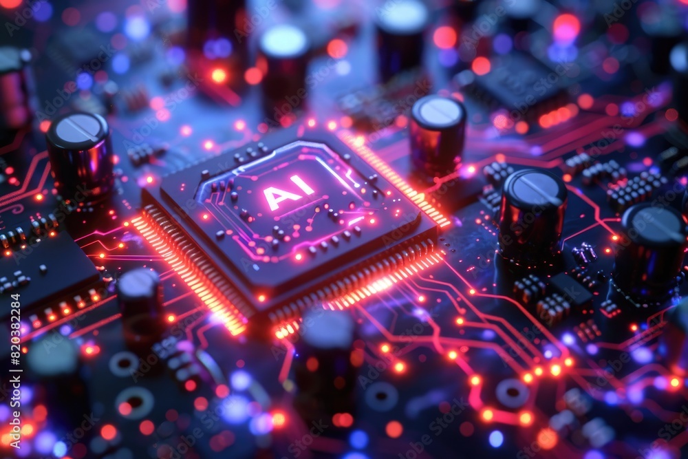 Poster artificial intelligence (ai) concept, abstract ai processor and quantum computer background.
