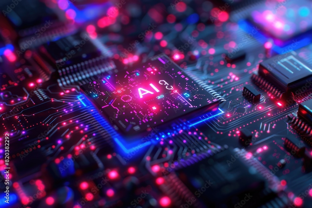Poster artificial intelligence (ai) concept, abstract ai processor and quantum computer background.