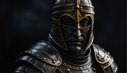 knight warrior statue close up portrait on plain black background from Generative AI