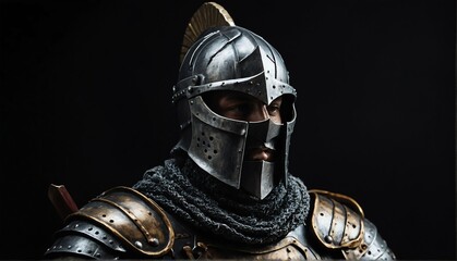 knight warrior statue close up portrait on plain black background from Generative AI